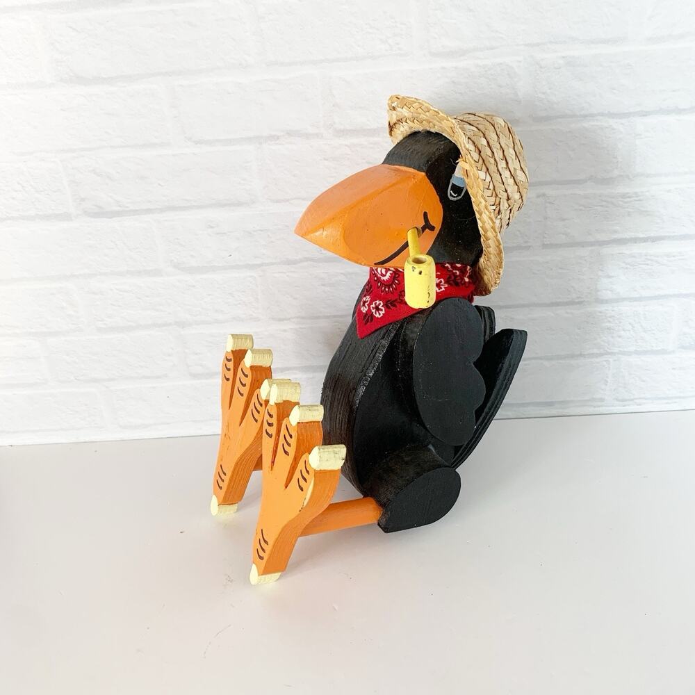 Primitive Black Crow Wood Shelf Sitter Figurine in Straw Hat Fall Pipe Folk Art